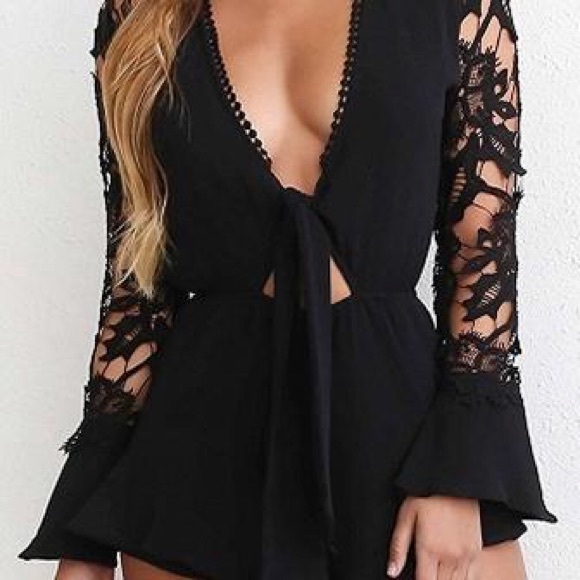 Black Plunging Lace Romper - Picture 2 of 2